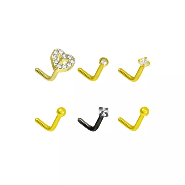 Multi-Pack Goldtone and Black Heart L-Bend Nose Rings 6 Pack - 20 Gauge at Spencer's