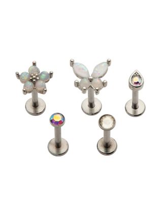 Multi-Pack Silvertone Butterfly and Flower Labret Lip Rings 5 Pack - 16 Gauge