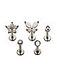 Multi-Pack Silvertone Butterfly and Flower Labret Lip Rings 5 Pack - 16 Gauge