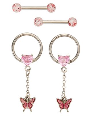 Multi Pack Pink Cz Butterfly Nipple Captives And Nipple Barbells 2 Pair 14 Gauge Spencer S