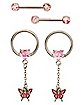 Multi-Pack Pink CZ Butterfly Nipple Captives and Nipple Barbells 2 Pair - 14 Gauge