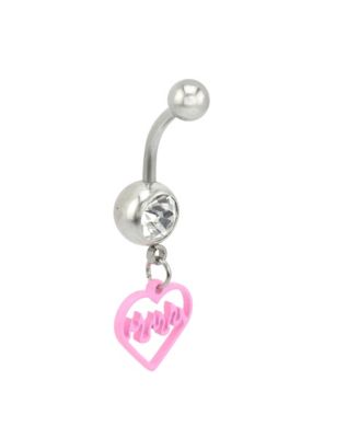 Pink Flame Heart Banana Belly Ring - 14 Gauge