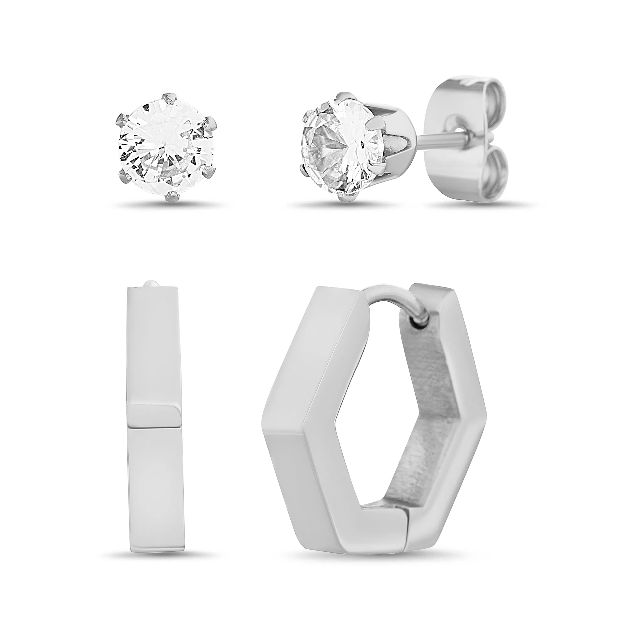 Multi-Pack CZ Silvertone Pentagon Huggie and Stud Earring Set - 18 Gauge at Spencer's