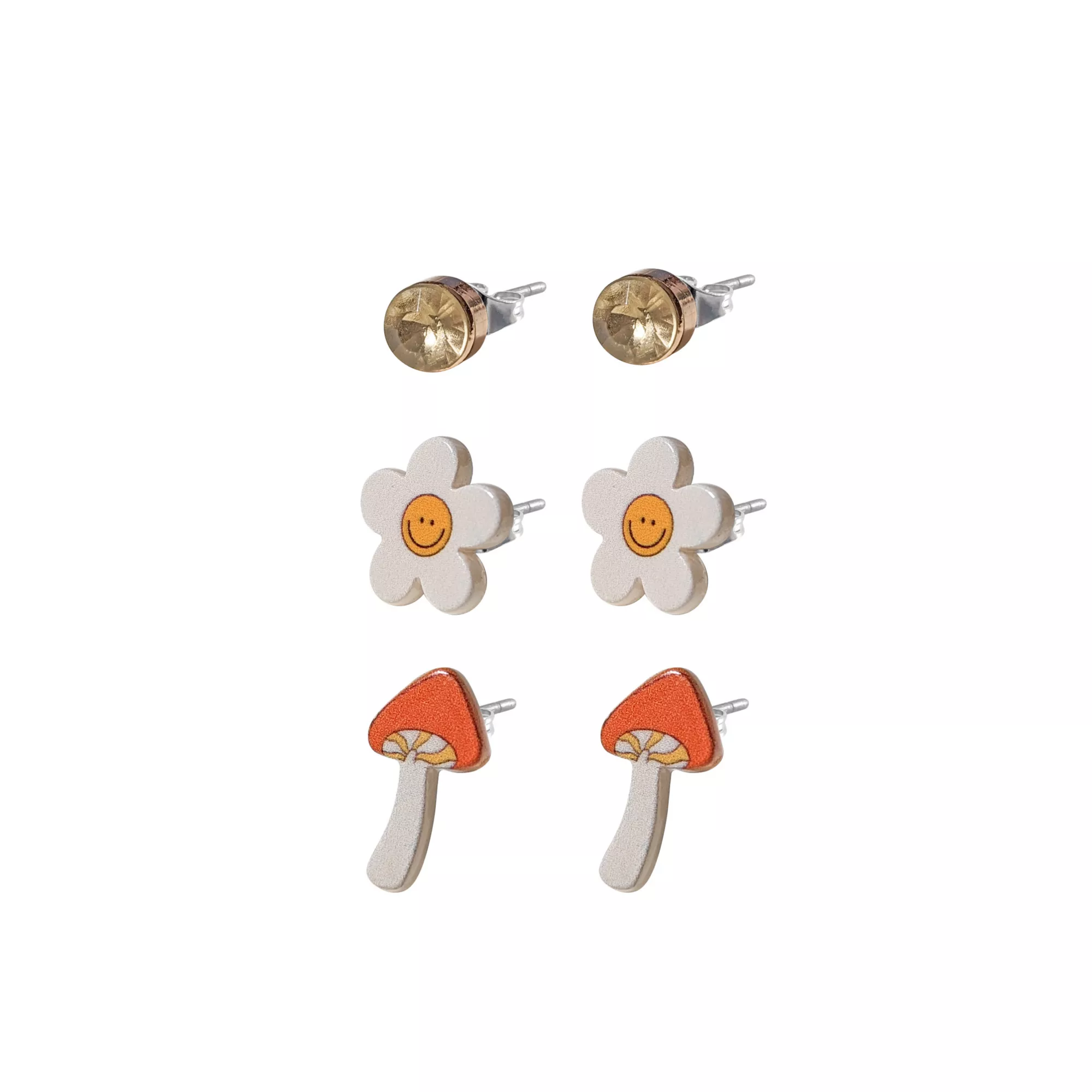 Multi-Pack CZ Happy Flower and Mushroom Stud Earrings- 3 Pair at Spencer's