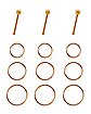 Multi-Pack Rose Goldtone Hoop Nose Rings and Pin Nose Rings 12 Pack - 20 Gauge