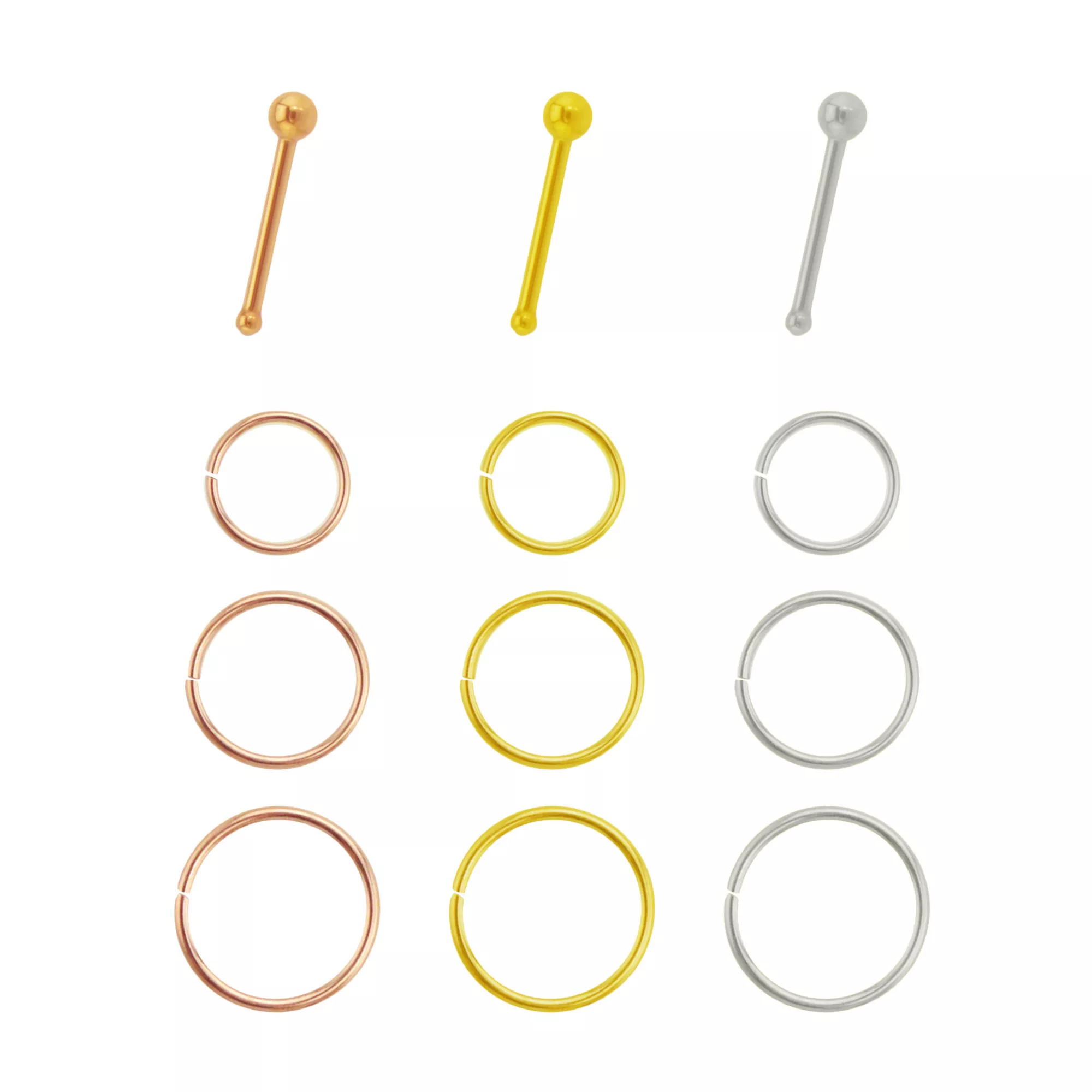 Multi-Pack Rose Goldtone Goldtone and Silvertone Hoop Nose Rings and Pin Nose Rings 12 Pack - 20 Gauge at Spencer's
