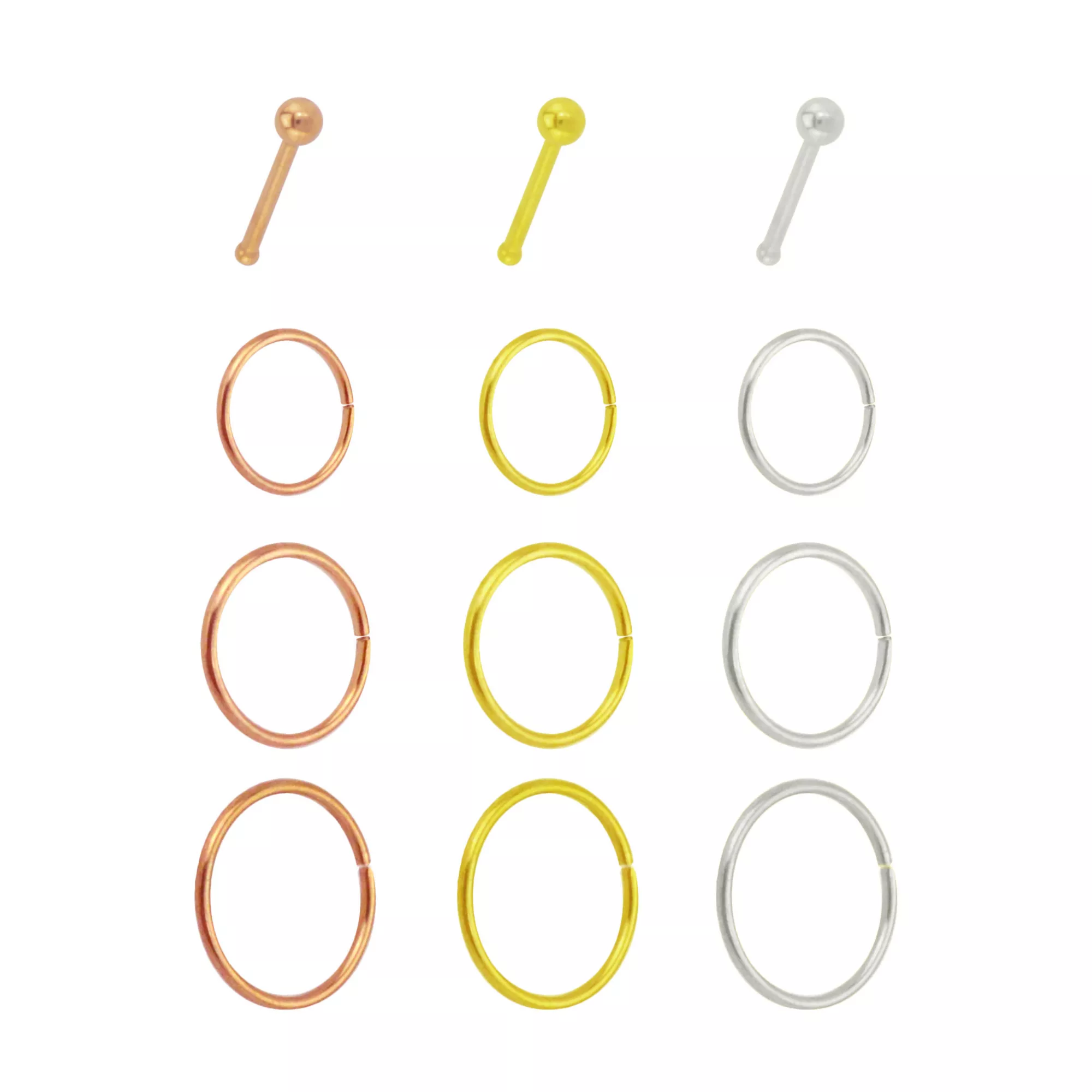 Multi-Pack Rose Goldtone Goldtone and Silvertone Hoop Nose Rings and Pin Nose Rings 12 Pack - 20 Gauge at Spencer's
