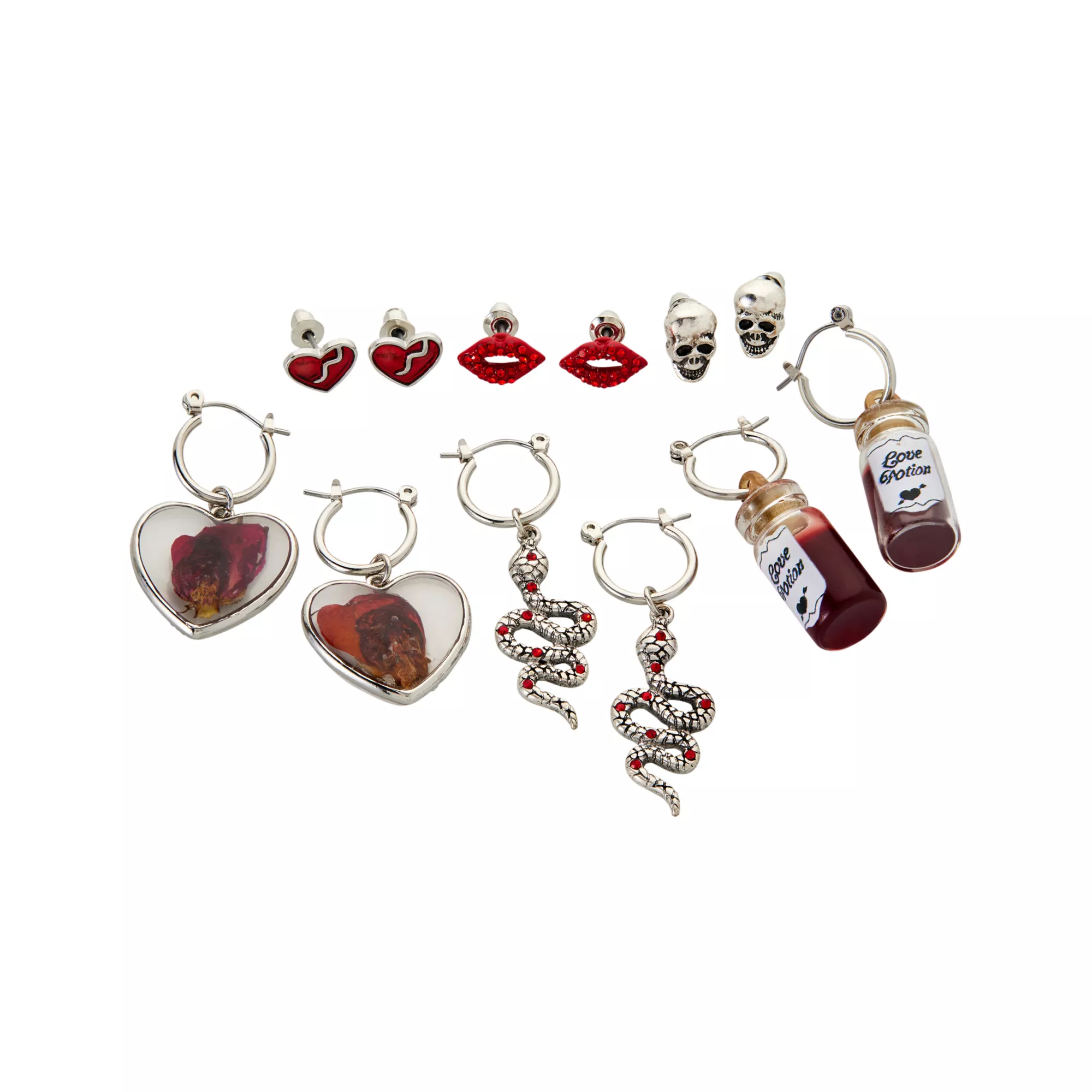 Multi-Pack Heart Skull Snake Potion Flower Earrings - 6 Pair at Spencer's
