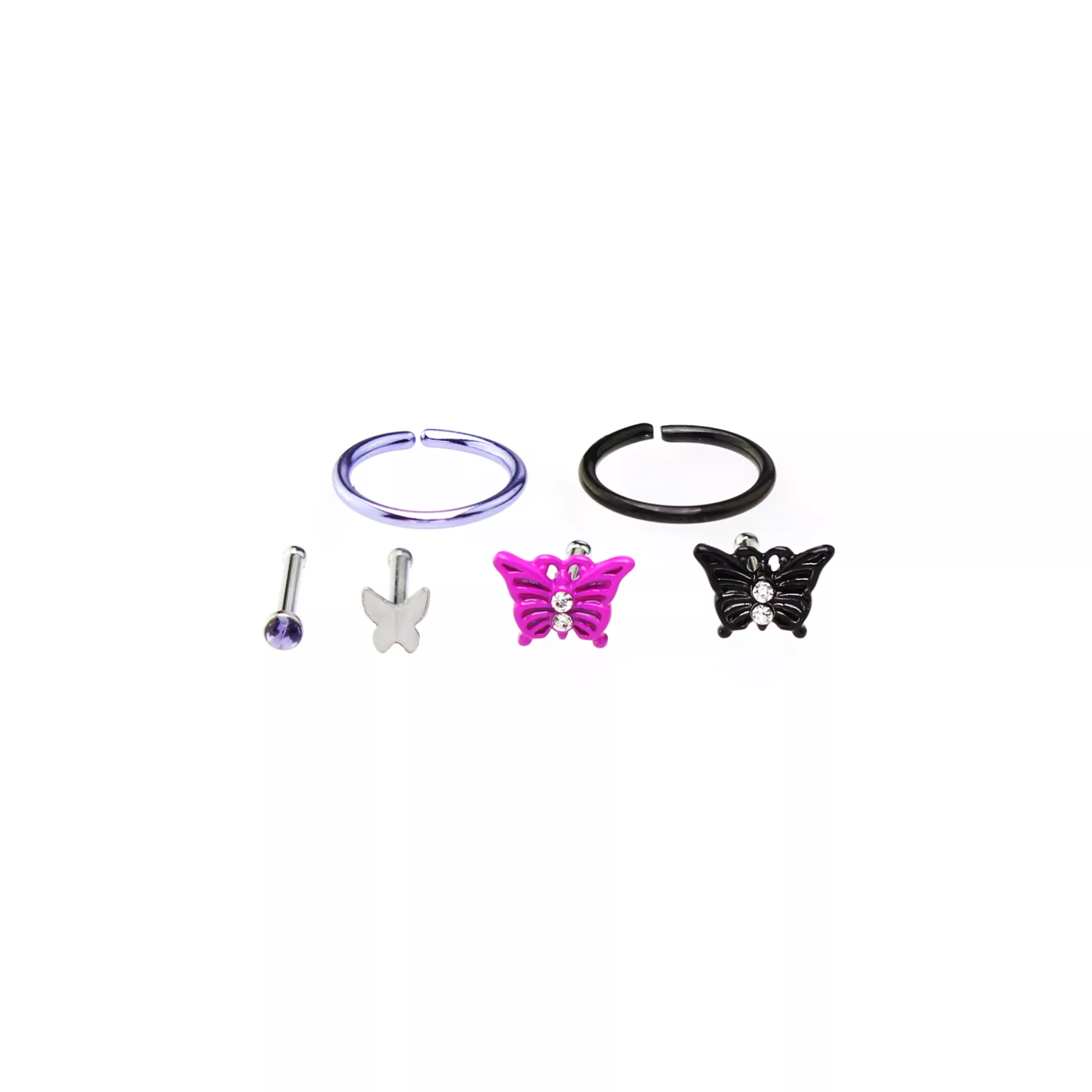 Multi-Pack Hot Pink Butterfly Seamless Hoops and Bone Nose Rings 6 Pack - 18 Gauge at Spencer's