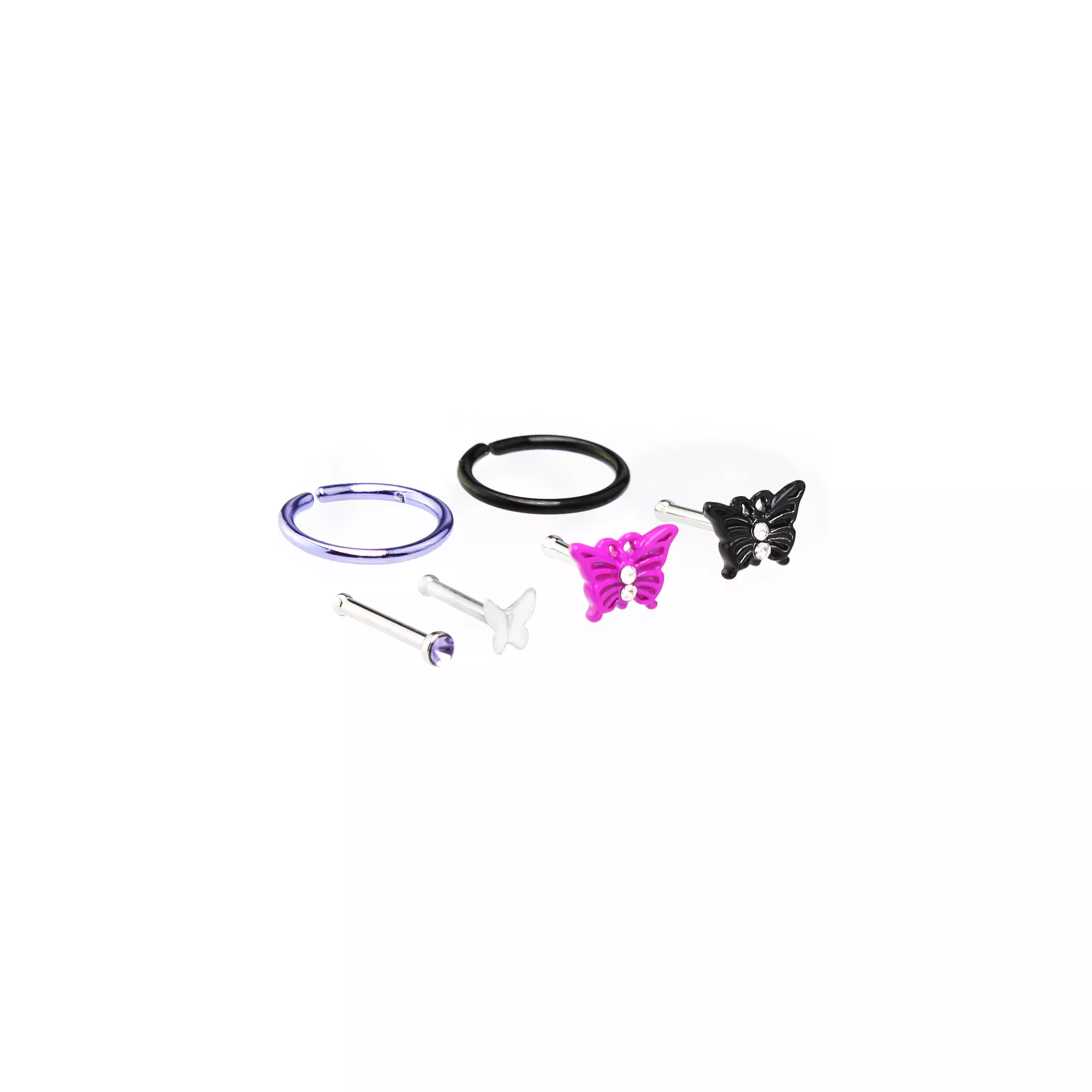 Multi-Pack Hot Pink Butterfly Seamless Hoops and Bone Nose Rings 6 Pack - 18 Gauge at Spencer's