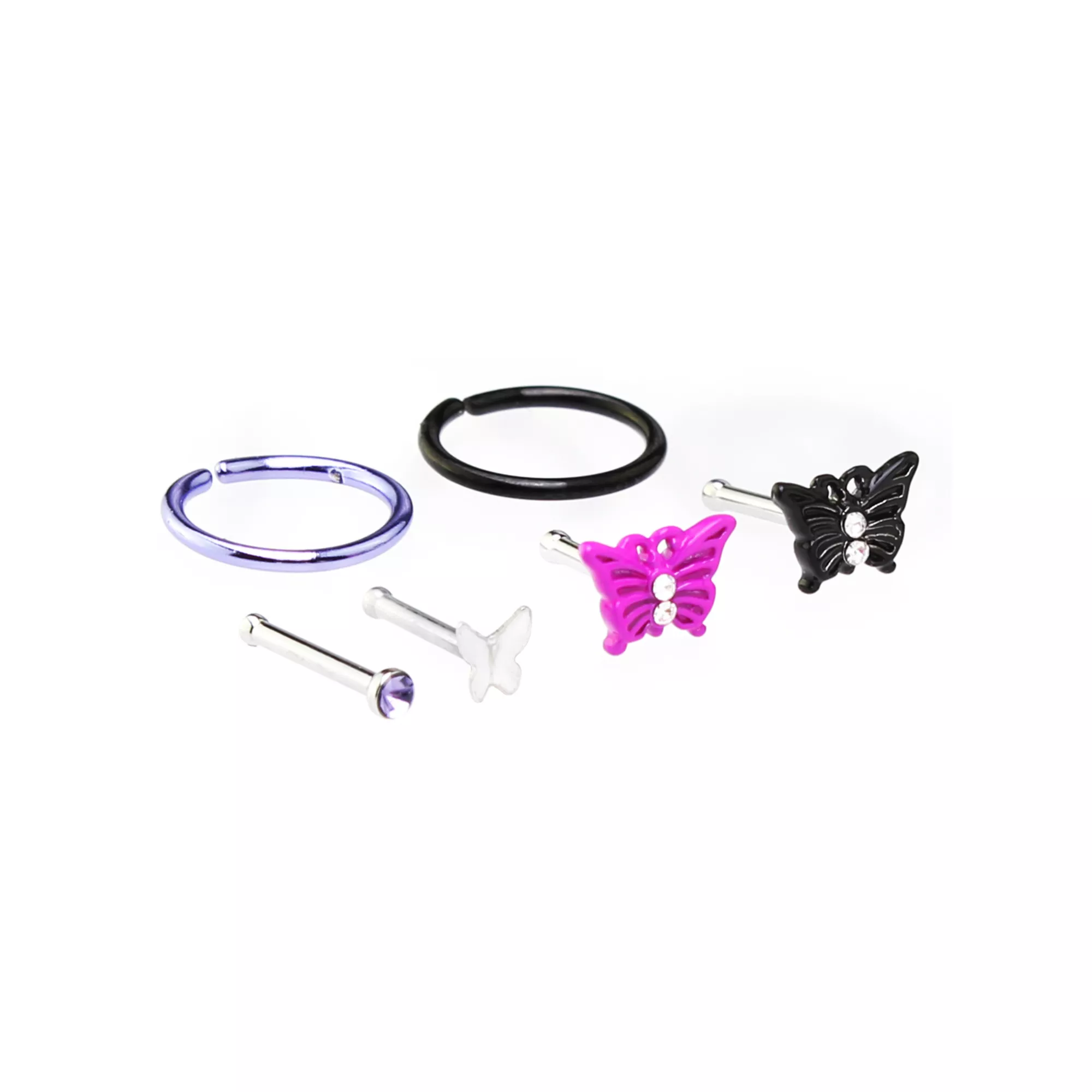 Multi-Pack Hot Pink Butterfly Seamless Hoops and Bone Nose Rings 6 Pack - 18 Gauge at Spencer's