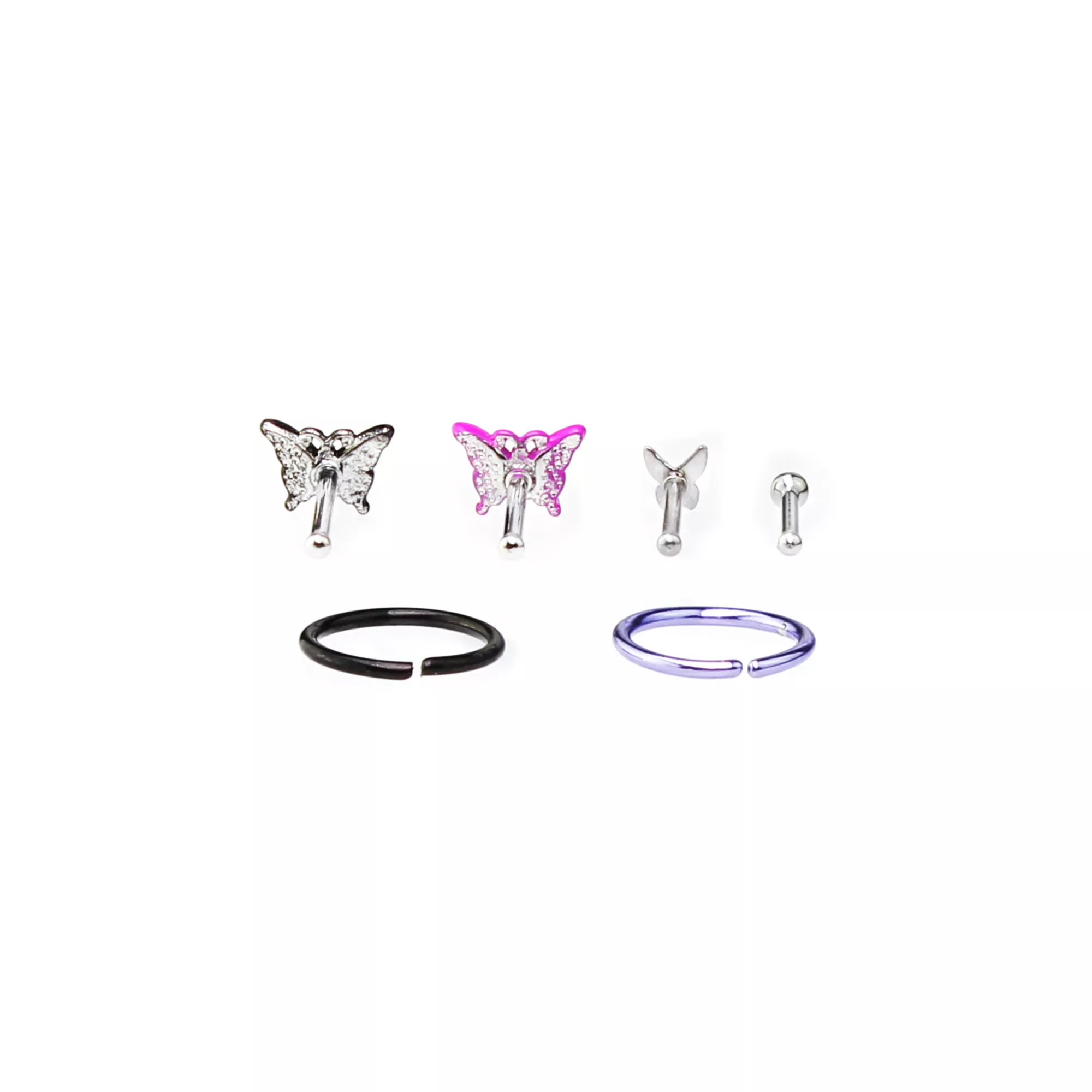 Multi-Pack Hot Pink Butterfly Seamless Hoops and Bone Nose Rings 6 Pack - 18 Gauge at Spencer's