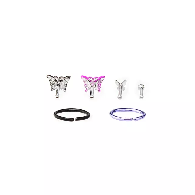 Multi-Pack Hot Pink Butterfly Seamless Hoops and Bone Nose Rings 6 Pack - 18 Gauge at Spencer's