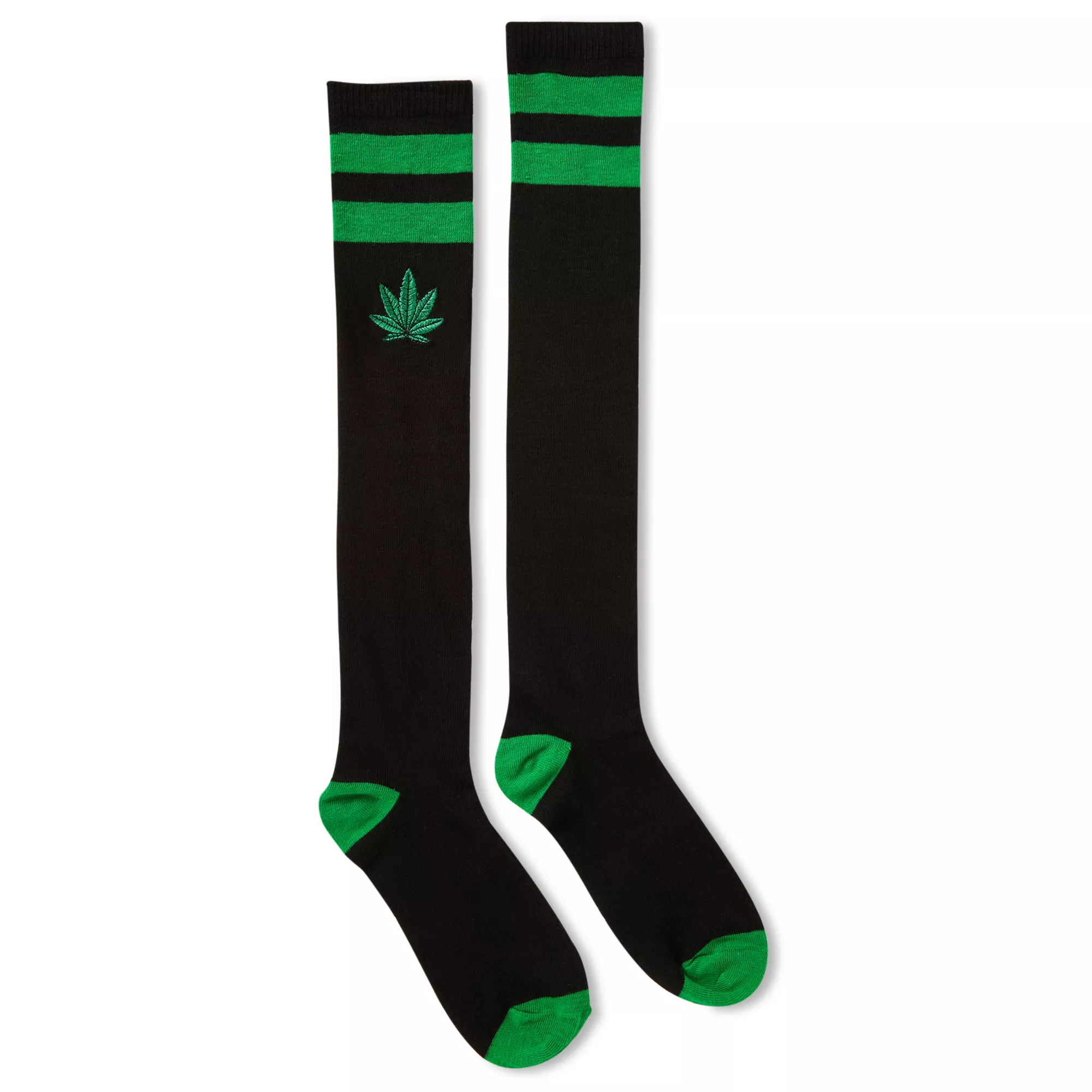 Black and Green Stripe Weed Leaf Knee High Socks at Spencer's