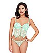 Mint Lace-Up Mesh Daisy and Butterfly Cropped Bustier and G-String Panties Set