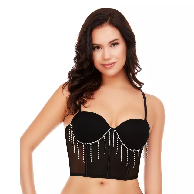 Black Rhinestone Fringe Cropped Bustier at Spencer's