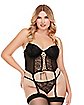 Plus Size Black Lace-Up Mesh Cropped Bustier and G-String Panties Set