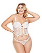 Plus Size White Lace-Up Mesh Cropped Bustier and G-String Panties Set