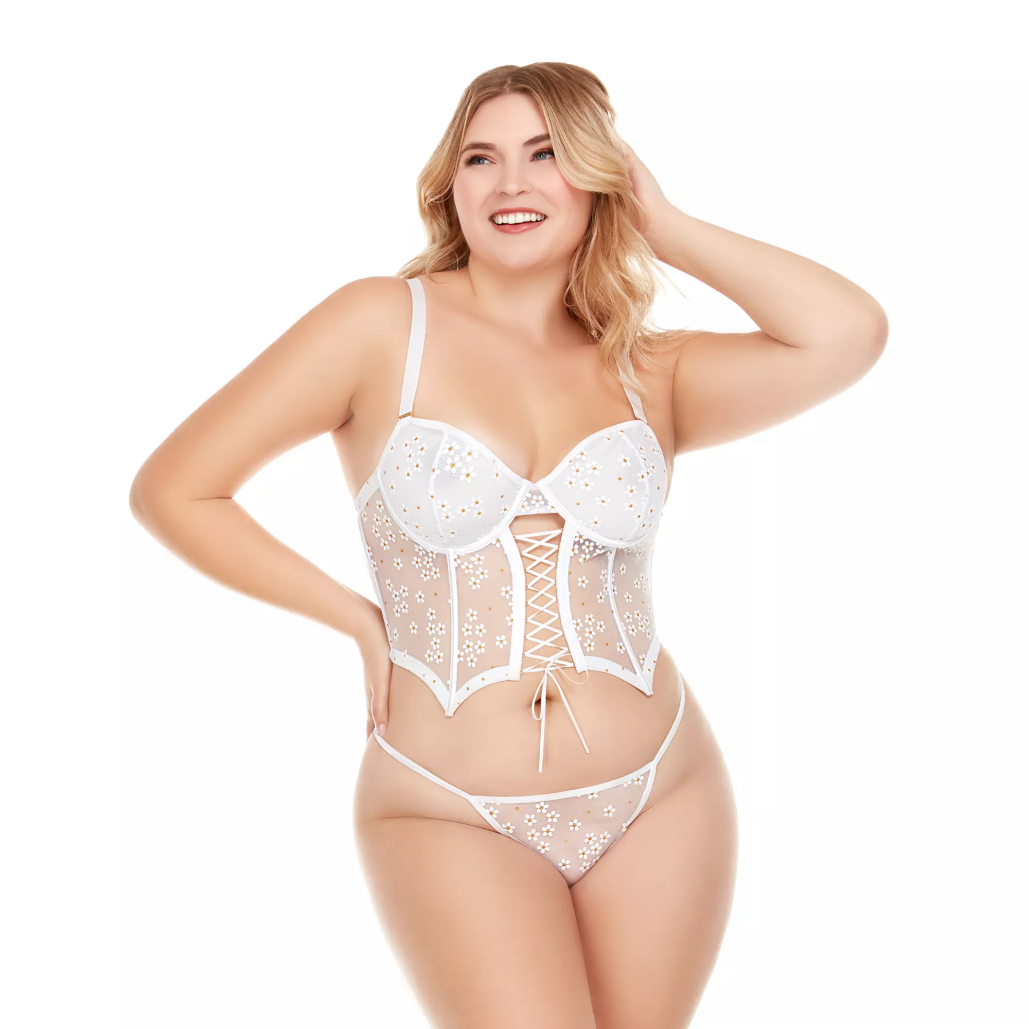 Plus Size White Lace-Up Mesh Cropped Bustier and G-String Panties Set at Spencer's