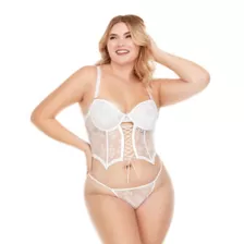 Plus Size White Lace-Up Mesh Cropped Bustier and G-String Panties Set at Spencer's