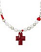 Red Cross and Heart Mismatch Pearl-Effect and Chain Necklace