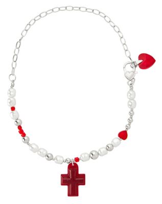 Red Cross and Heart Mismatch Pearl-Effect and Chain Necklace