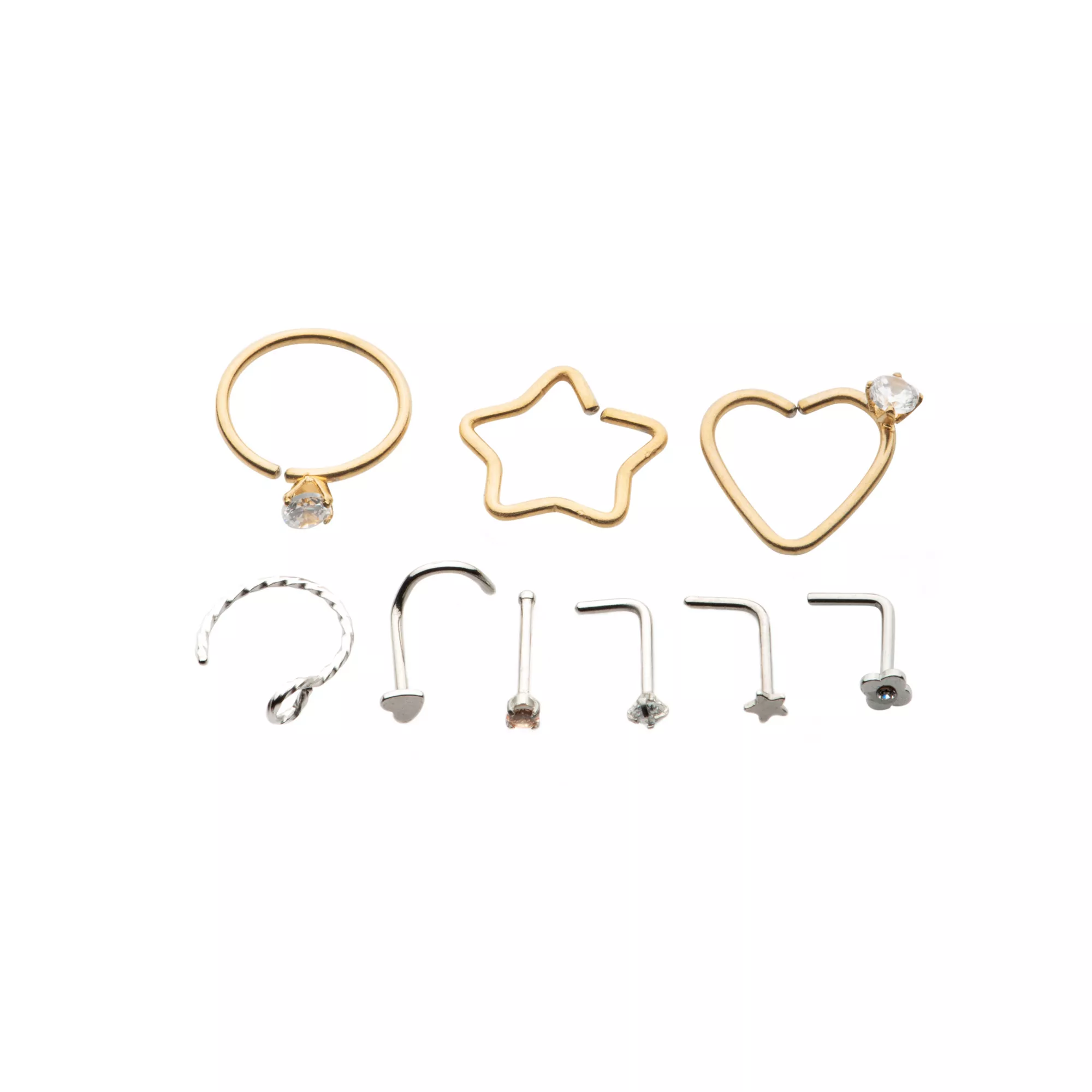Multi-Pack Heart and Star Nose Hoops and L-Bend Pins 9 Pack - 20 Gauge at Spencer's