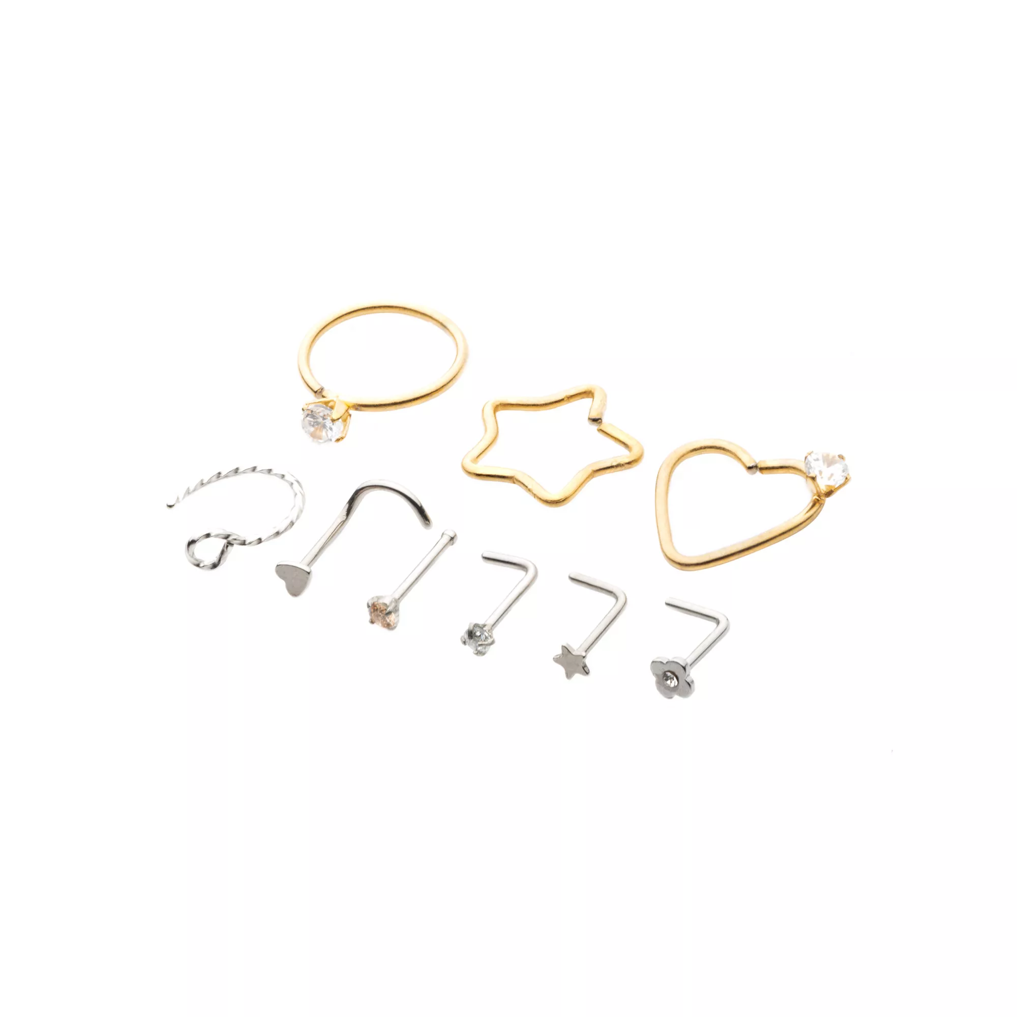 Multi-Pack Heart and Star Nose Hoops and L-Bend Pins 9 Pack - 20 Gauge at Spencer's
