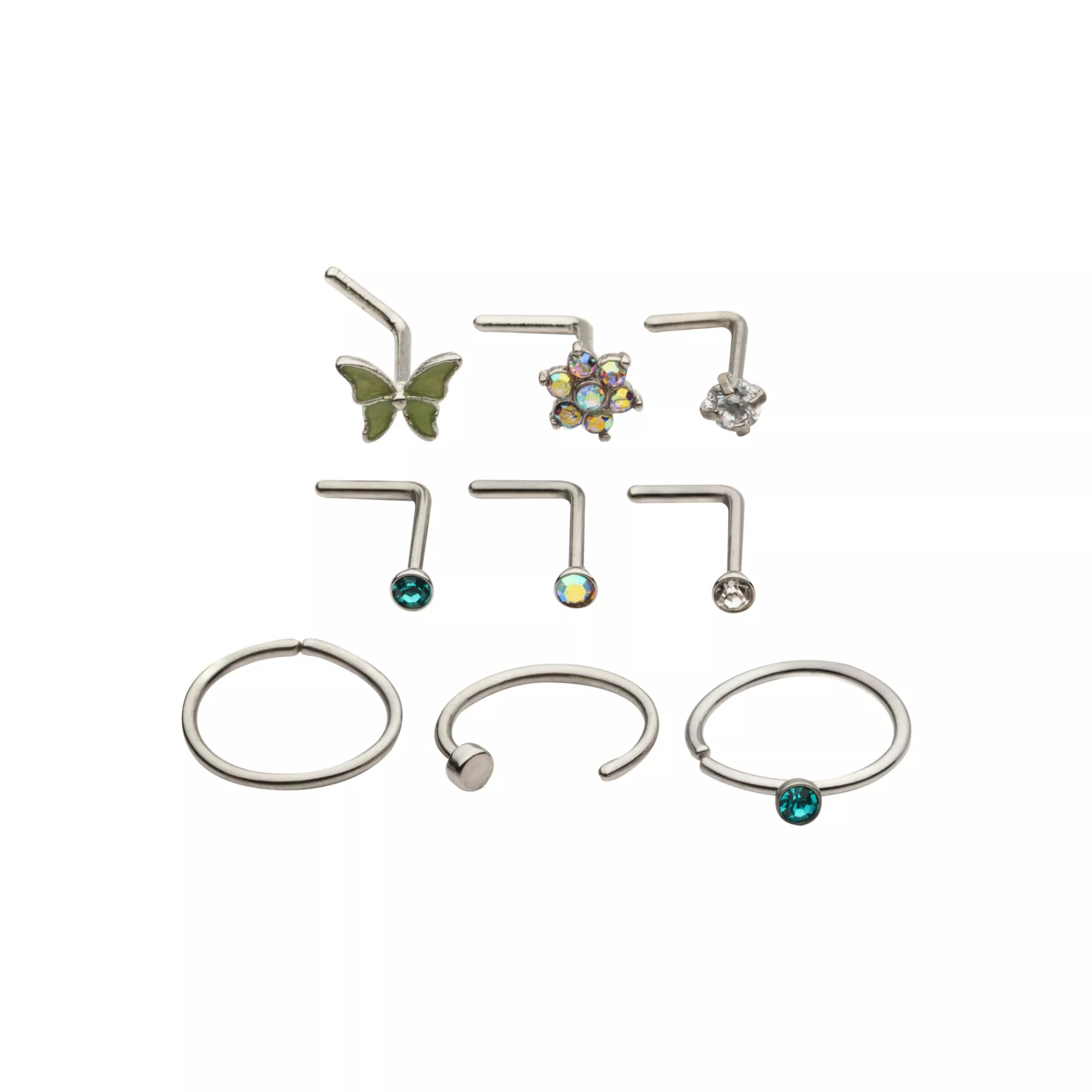 Multi-Pack Iridescent CZ Butterfly L-Bend Nose Pins 9 Pack - 20 Gauge at Spencer's