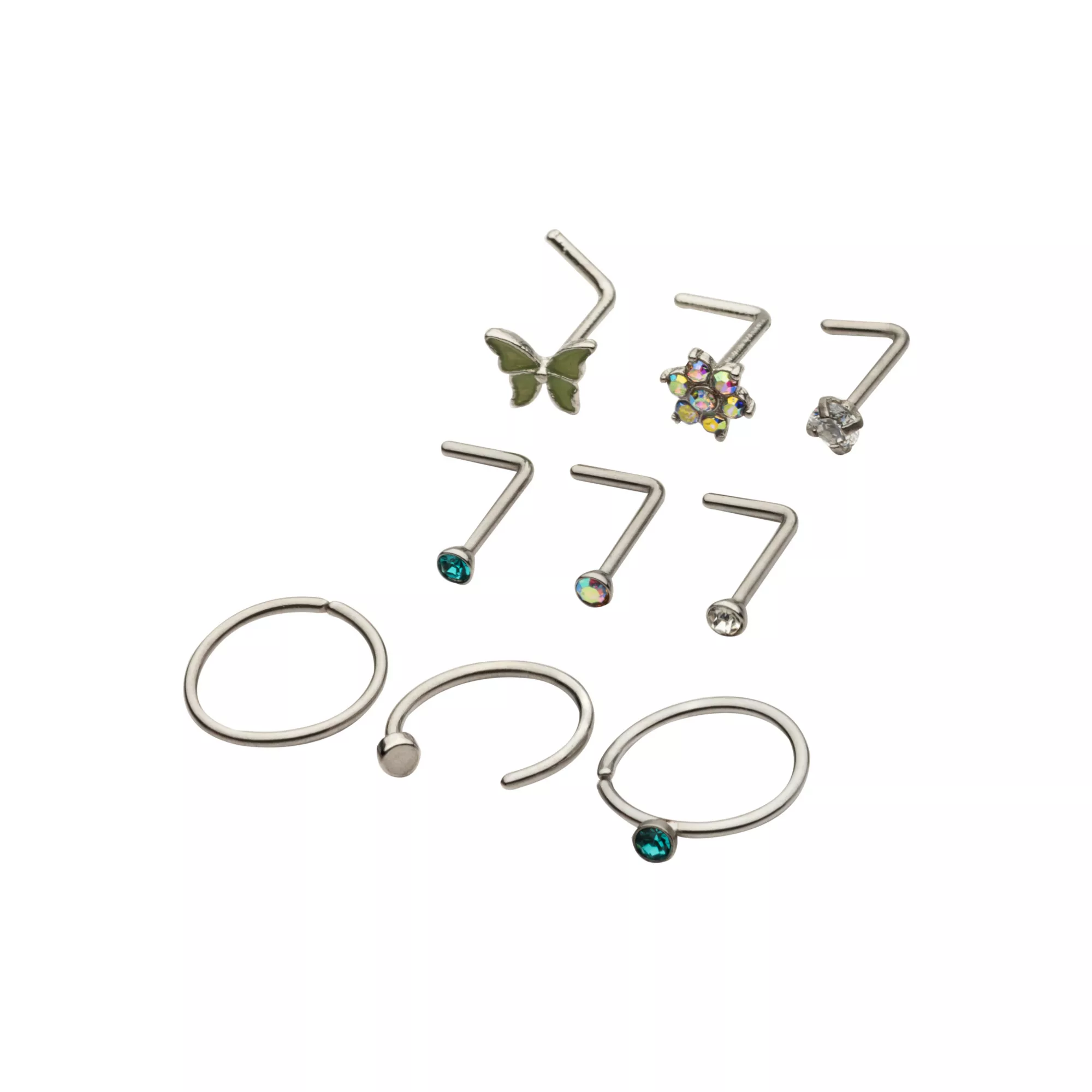 Multi-Pack Iridescent CZ Butterfly L-Bend Nose Pins 9 Pack - 20 Gauge at Spencer's