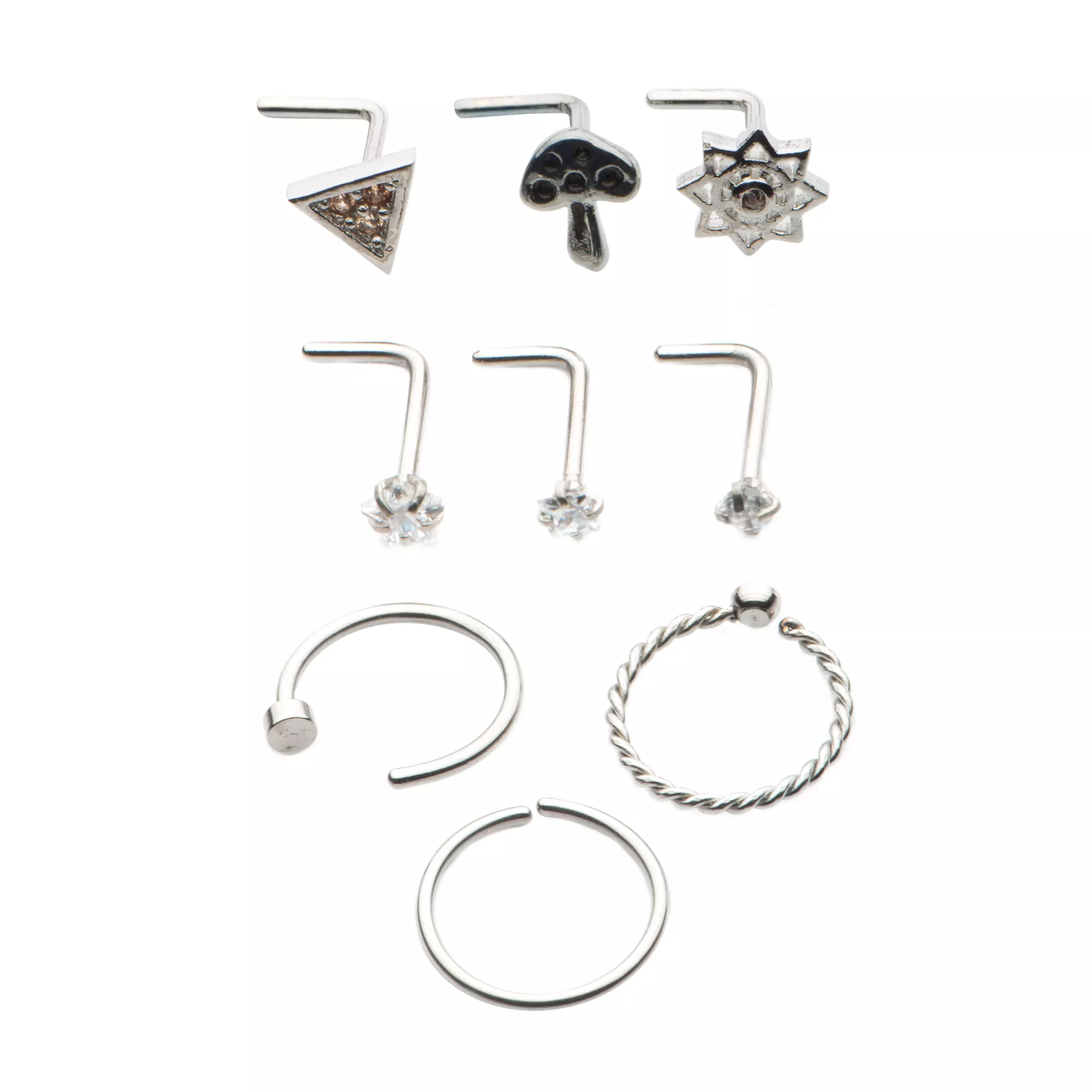 Multi-Pack CZ Mushroom Flower Hoop Nose Rings and L-Bend Nose Rings 9 Pack - 20 Gauge at Spencer's