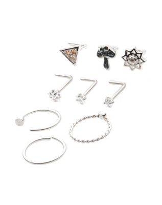 Multi-Pack CZ Mushroom Flower Hoop Nose Rings and L-Bend Nose Rings 9 Pack - 20 Gauge