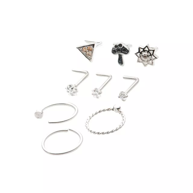 Multi-Pack CZ Mushroom Flower Hoop Nose Rings and L-Bend Nose Rings 9 Pack - 20 Gauge at Spencer's