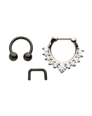 Multi-Pack CZ Black Horseshoe Retainer and Clicker Septum Rings 3 Pack ...