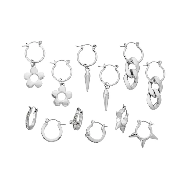 Multi-Pack Silvertone Assorted Flower Spike and Chain Earrings - 6 Pack at Spencer's