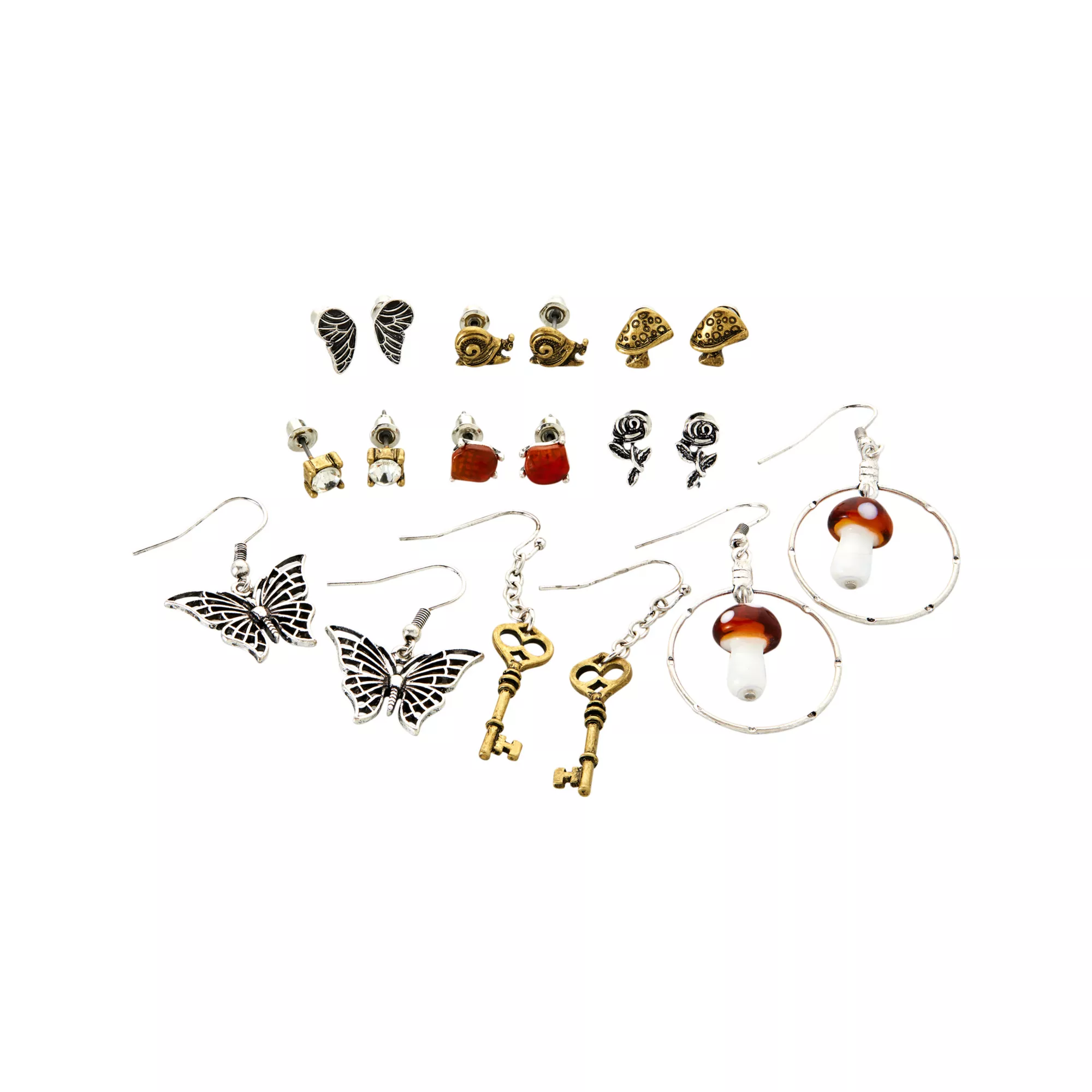 Multi-Pack Cottagecore Assorted Mushroom Snail and Butterfly Earrings - 9 Pack at Spencer's