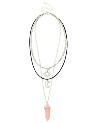 Tribal Sun Moon Crystal Triple Row Necklace