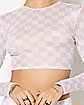Long Sleeve Pink and White Checkered Crop Top