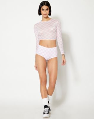 Long Sleeve Pink and White Checkered Crop Top