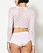 Long Sleeve Pink and White Checkered Crop Top