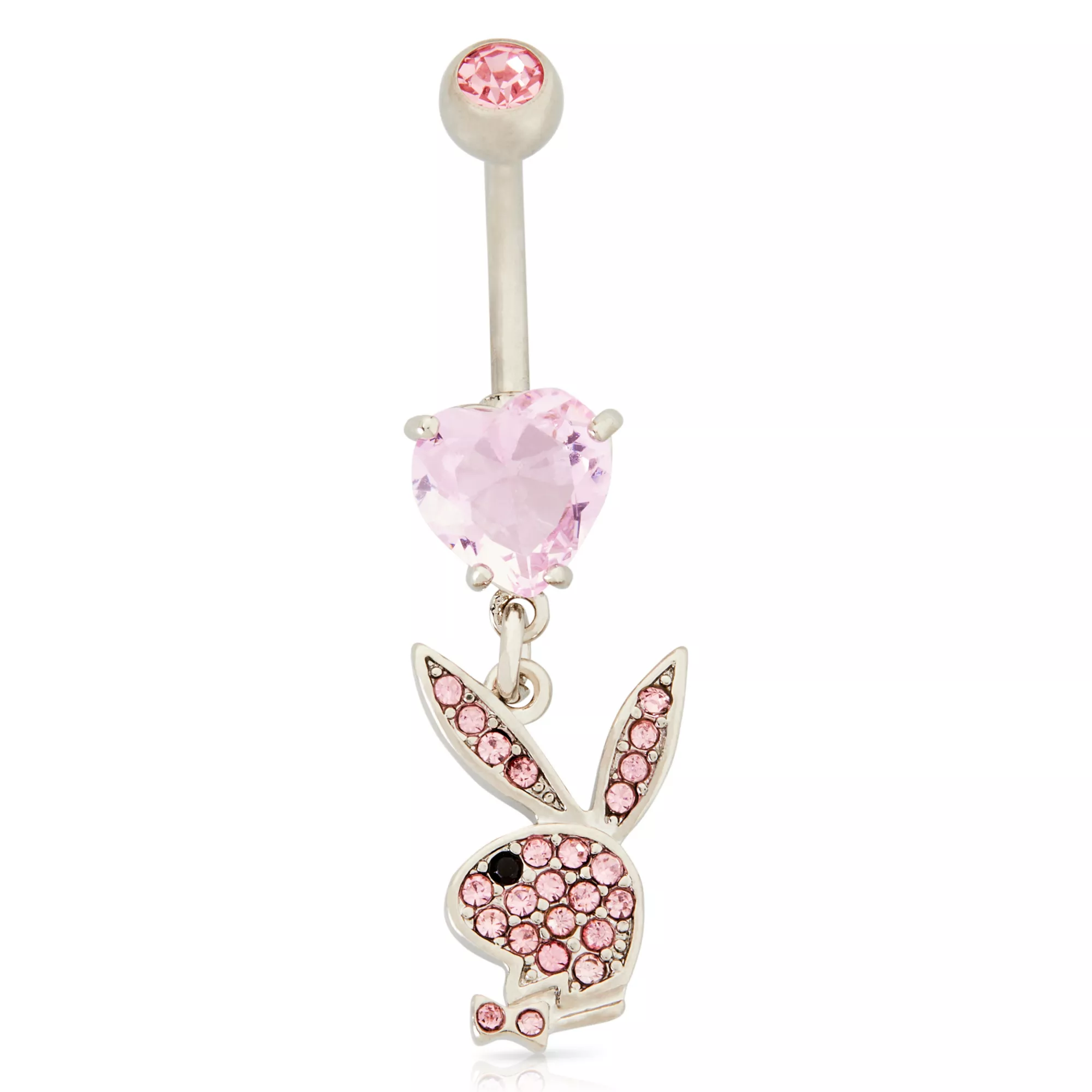 CZ Pink Playboy Bunny Heart Dangle Belly Ring - 14 Gauge