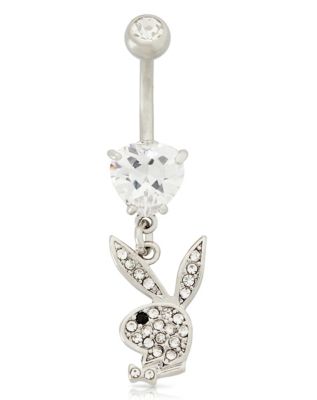 CZ Pink Playboy Bunny Heart Dangle Belly Ring - 14 Gauge