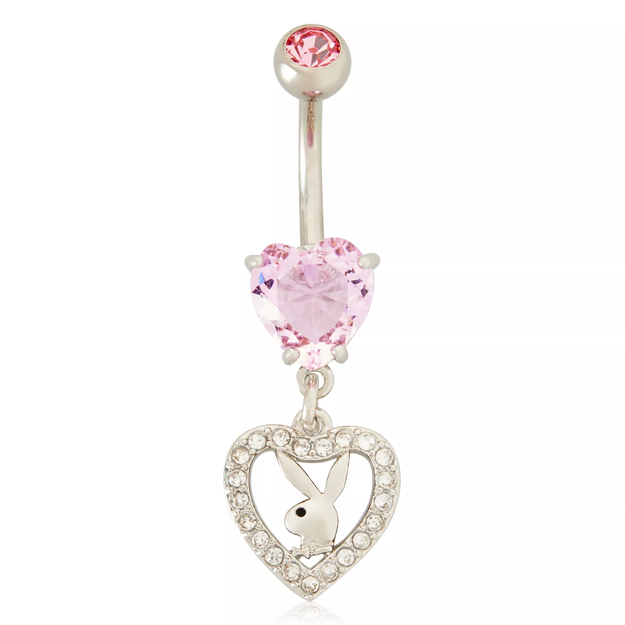 CZ Pink Playboy Bunny Heart Dangle Belly Ring - 14 Gauge