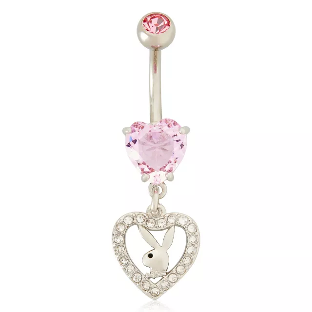 CZ Pink Playboy Bunny Heart Dangle Belly Ring - 14 Gauge