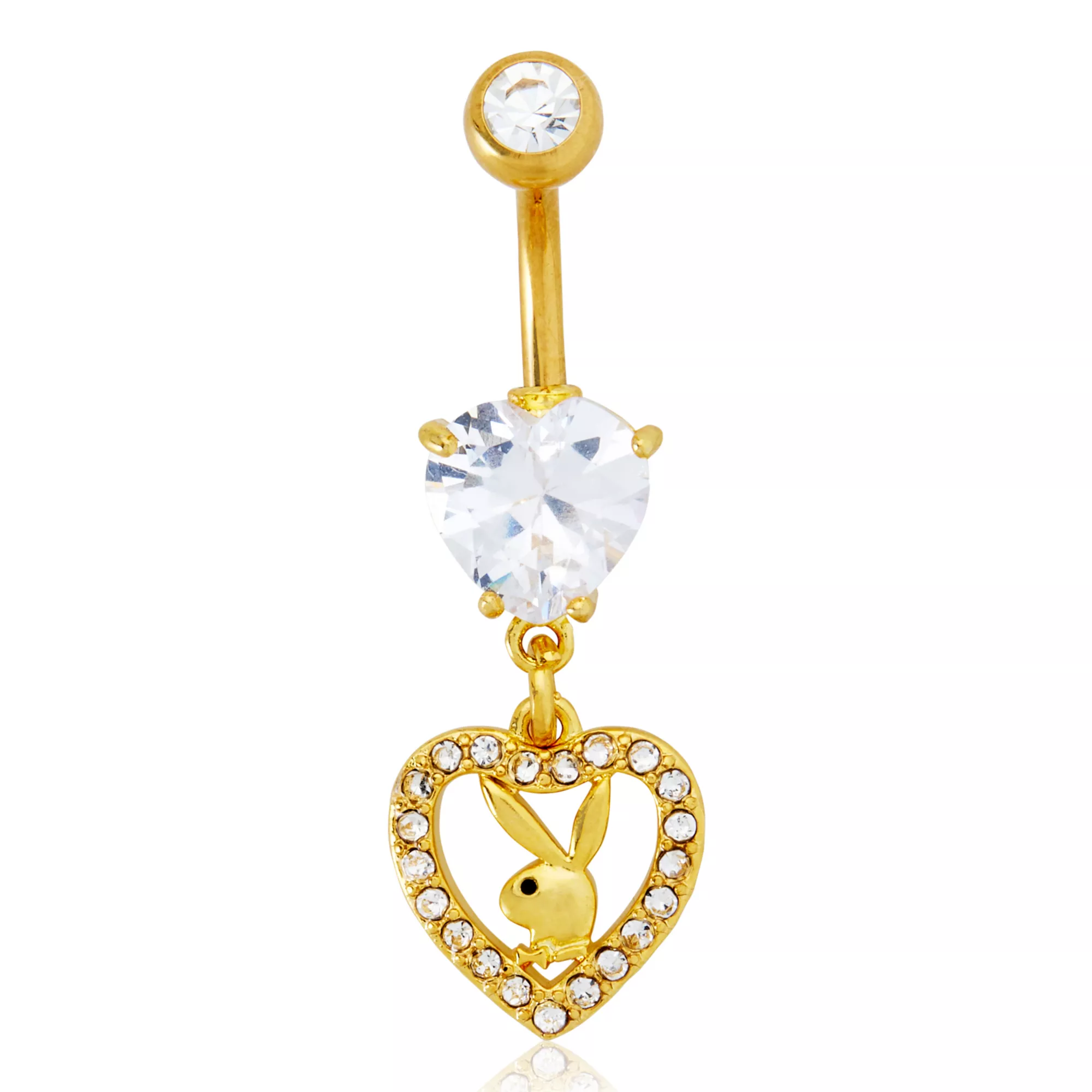 Goldtone CZ Playboy Bunny Heart Dangle Belly Ring - 14 Gauge at Spencer's