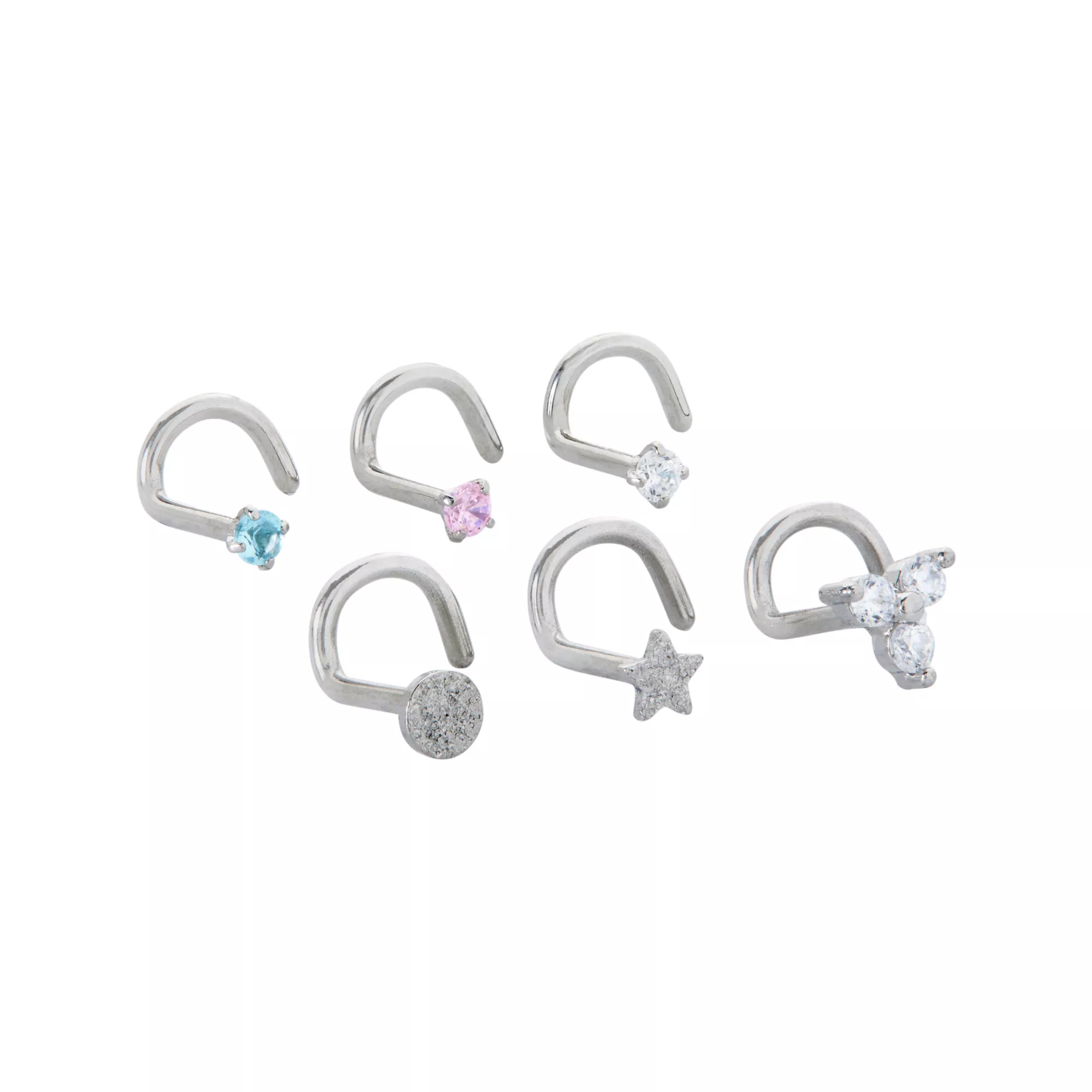 Multi-Pack CZ Moon and Star Screw Nose Rings 6 Pack - 18 Gauge at Spencer's