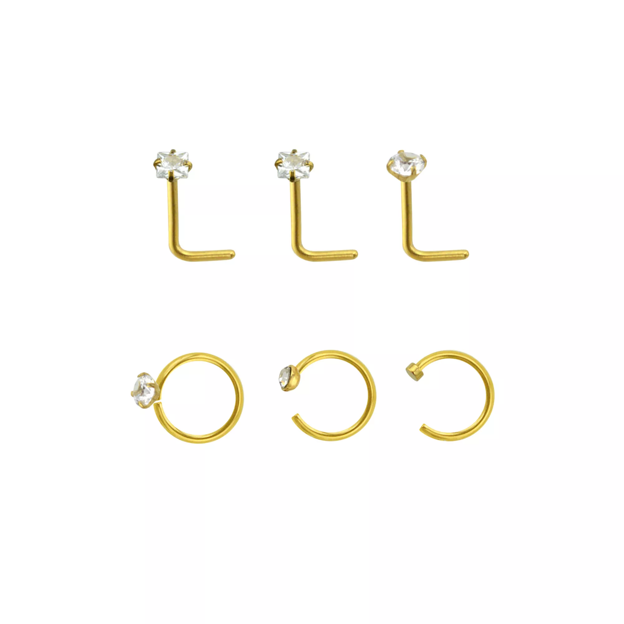 Multi-Pack CZ Gold-Tone L-Bend Nose Rings and Hoop Nose Rings - 6 Pack at Spencer's