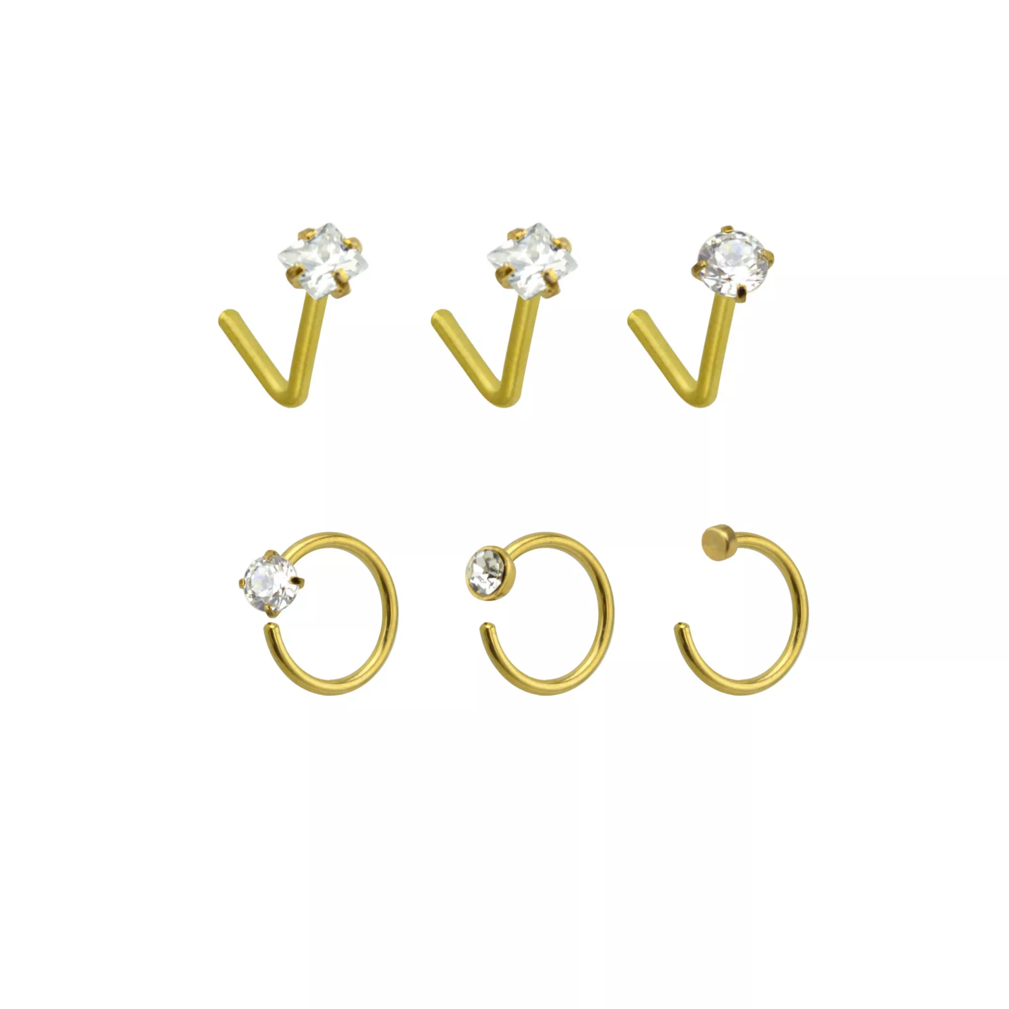 Multi-Pack CZ Gold-Tone L-Bend Nose Rings and Hoop Nose Rings - 6 Pack at Spencer's