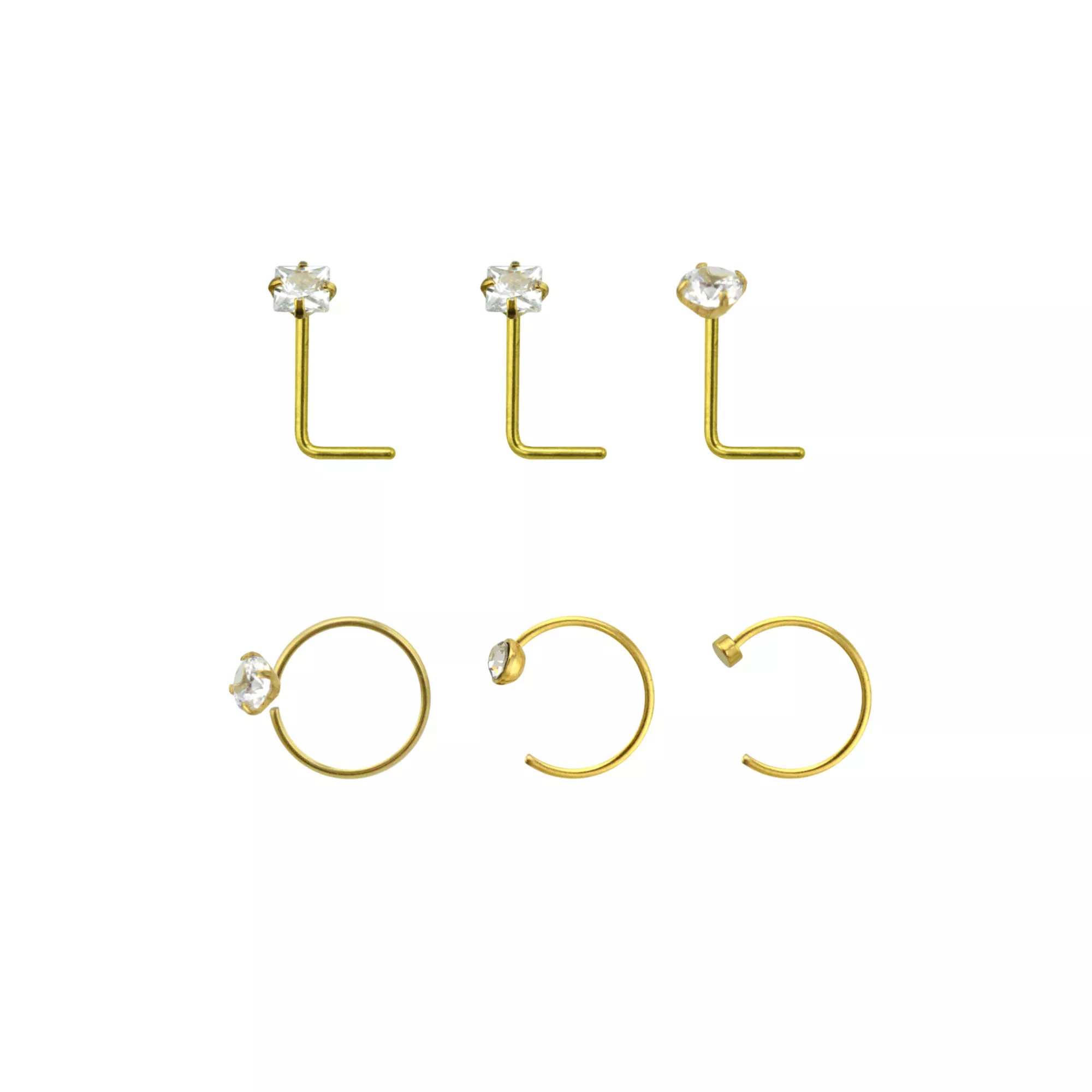 Multi-Pack CZ Gold-Tone L-Bend Nose Rings and Hoop Nose Rings - 6 Pack at Spencer's