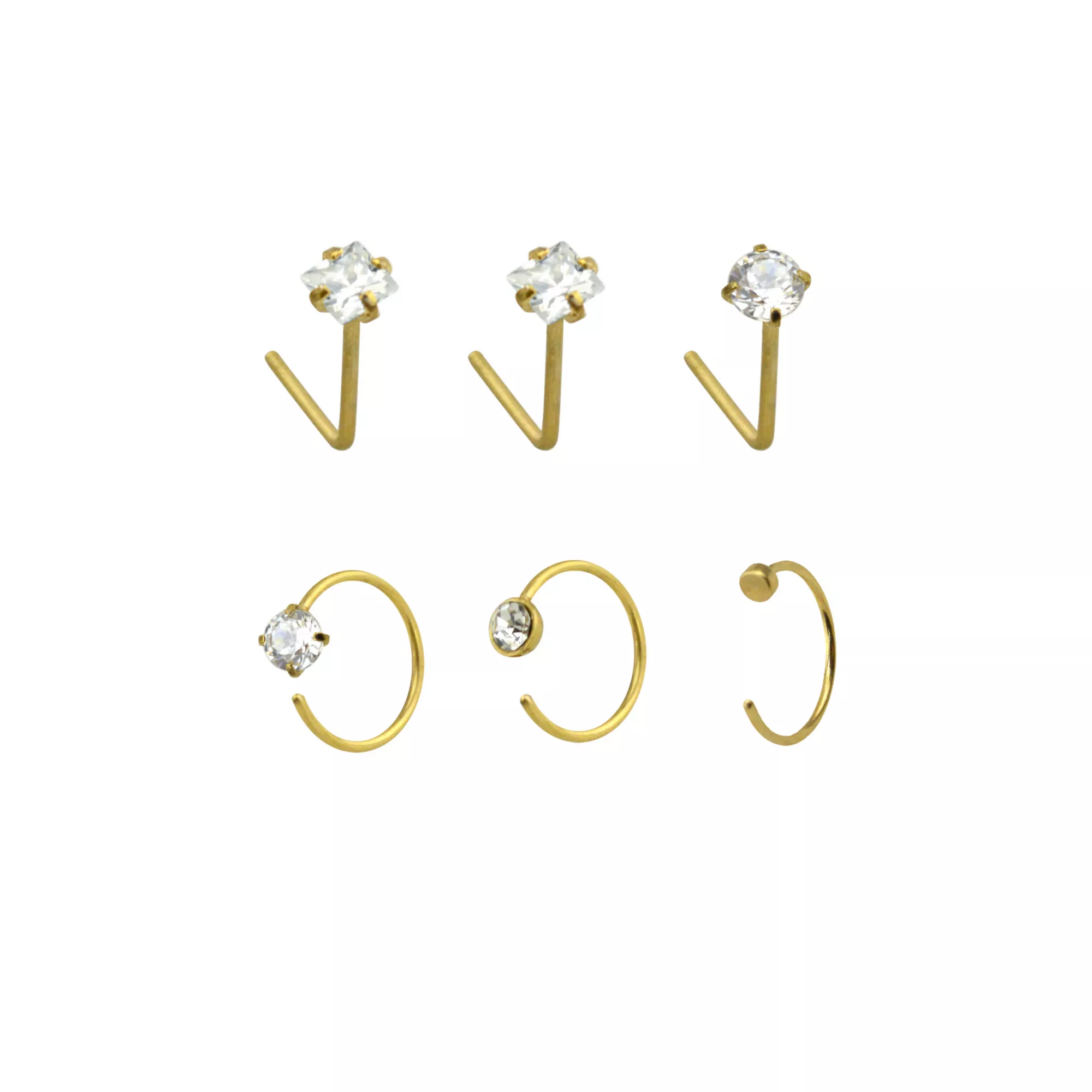 Multi-Pack CZ Gold-Tone L-Bend Nose Rings and Hoop Nose Rings - 6 Pack at Spencer's